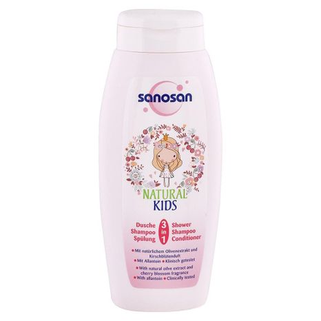 SANOSAN detský sprchový gél, šampón a kondicionér pre dievčatá Vôňa čerešne 250 ml